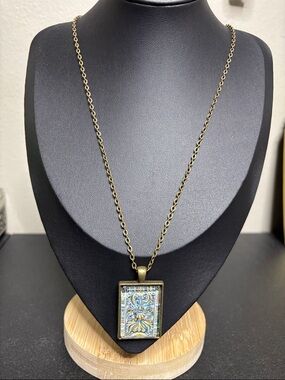 Antique Brass Rectangle Pendant Necklace with Blue and Gold Tile Design